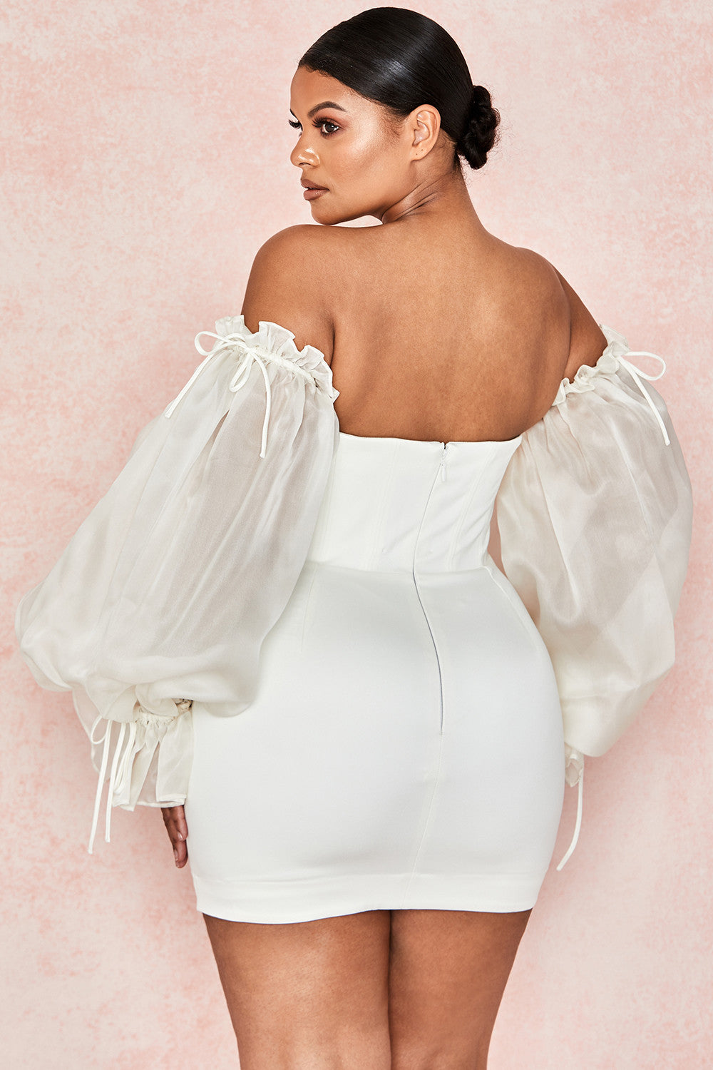 OFF-SHOULDER SATIN CORSET DRESS