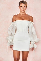 OFF-SHOULDER SATIN CORSET DRESS