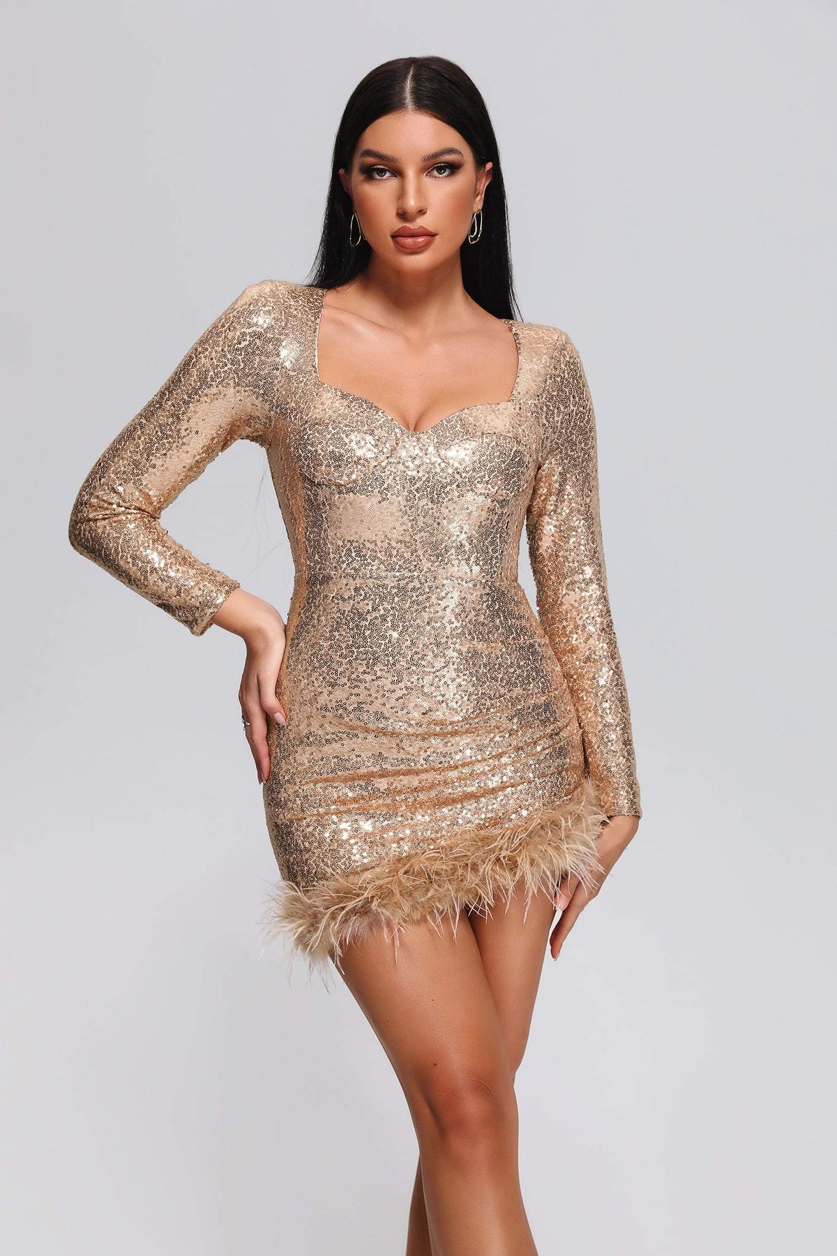 Sequin Sweetheart Neck Feather Hem Mini Dress-Gold
