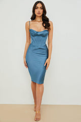 Welya Satin Fishbone Pleated Suspender Dress-Blue