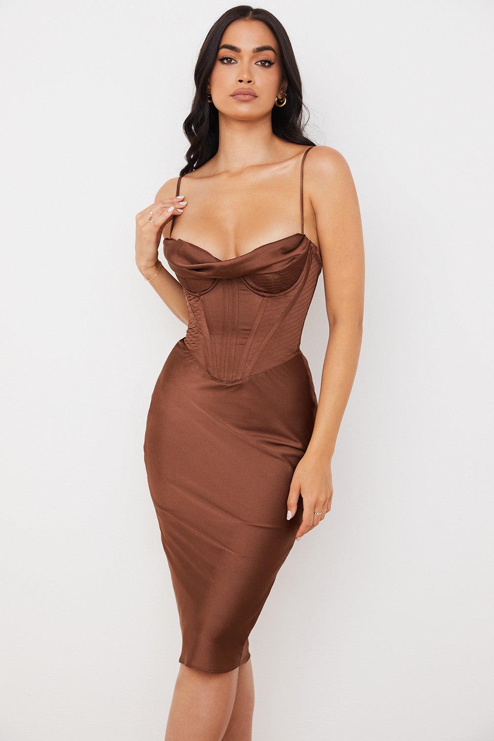 Welya Satin Fishbone Pleated Suspender Dress