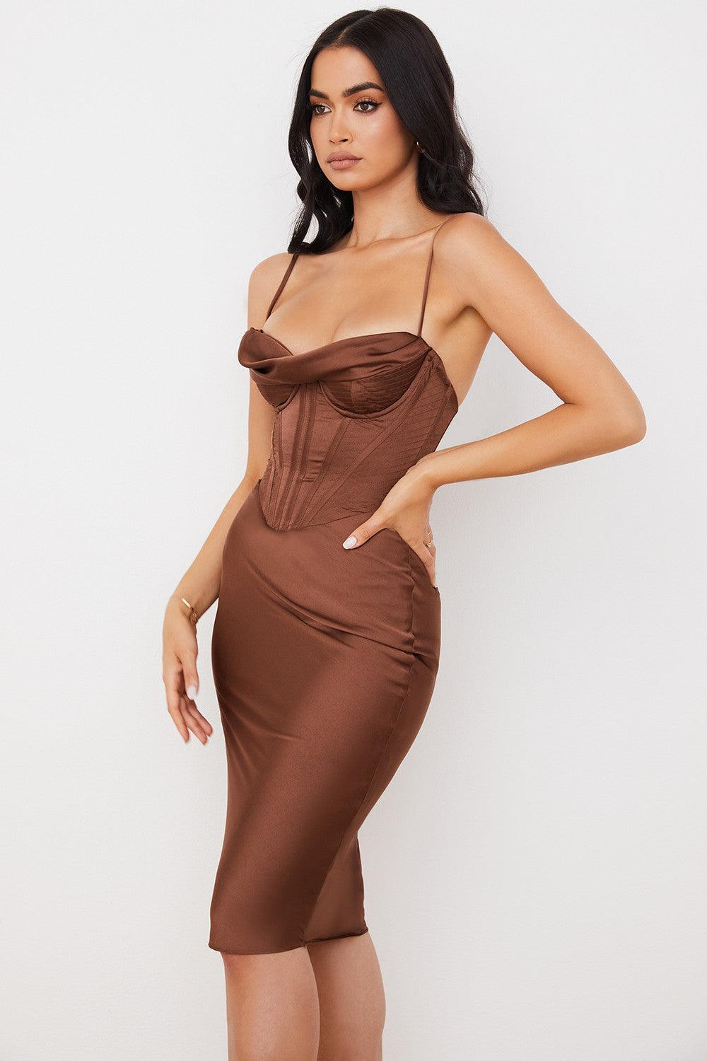 Welya Satin Fishbone Pleated Suspender Dress