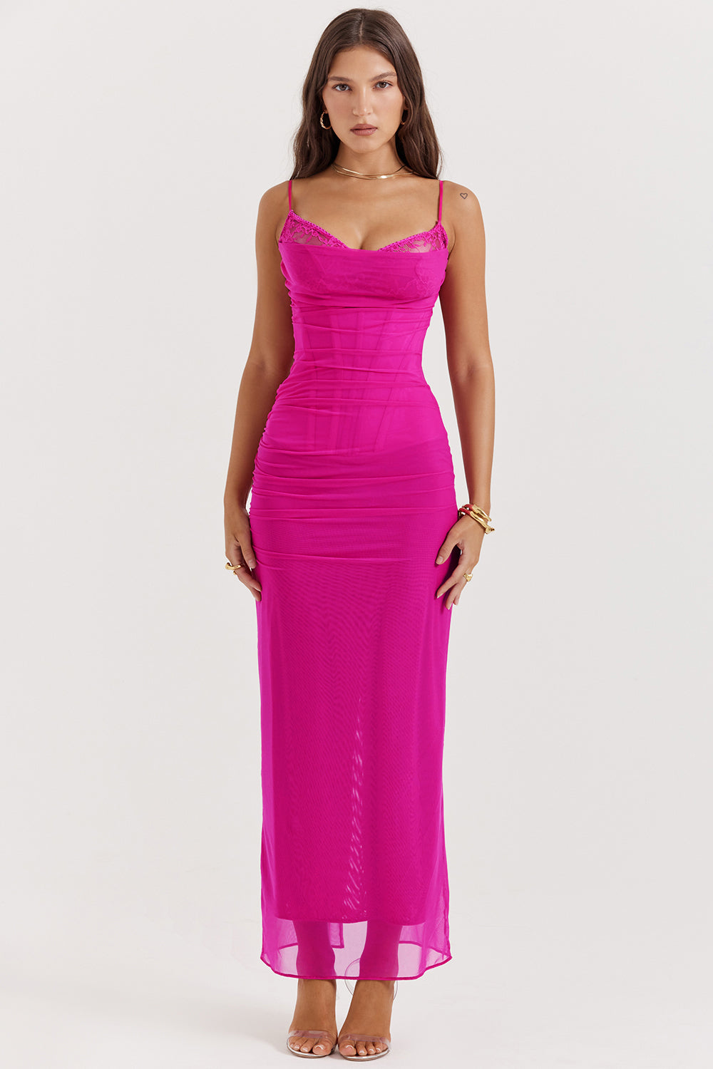 Mesh Stitching Lace Mid-length Dress-Pink