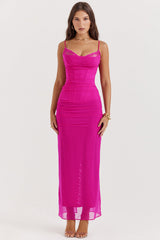 Mesh Stitching Lace Mid-length Dress-Pink