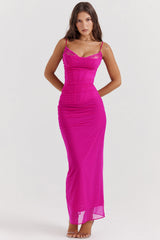 Mesh Stitching Lace Mid-length Dress-Pink
