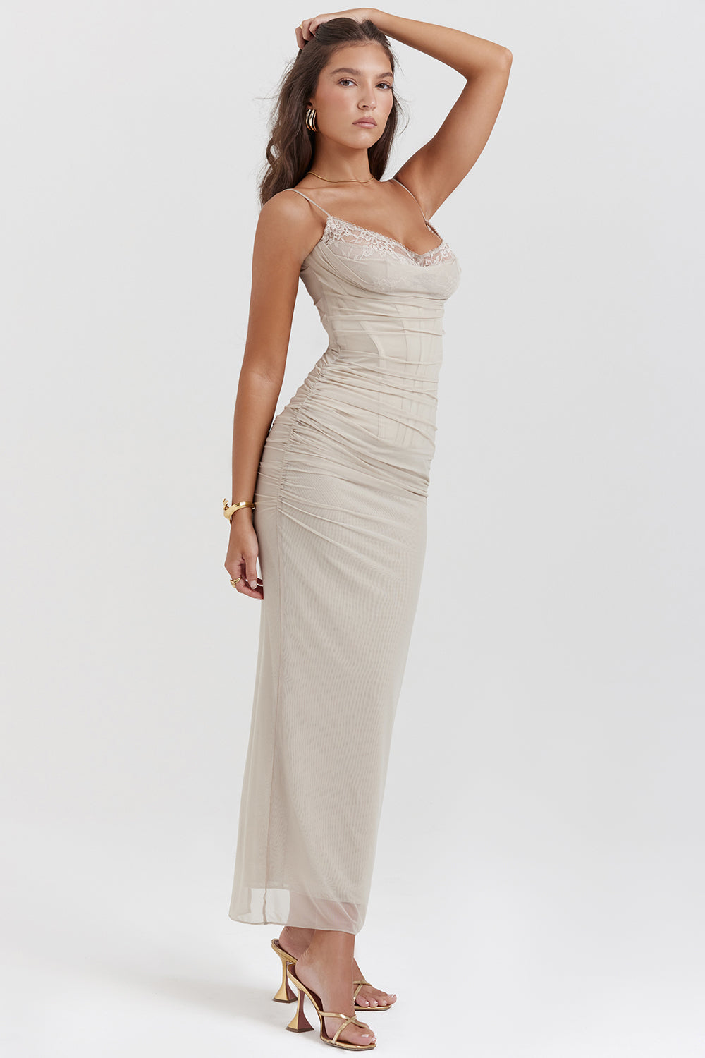 Mesh Stitching Lace Mid-length Dress-Pink