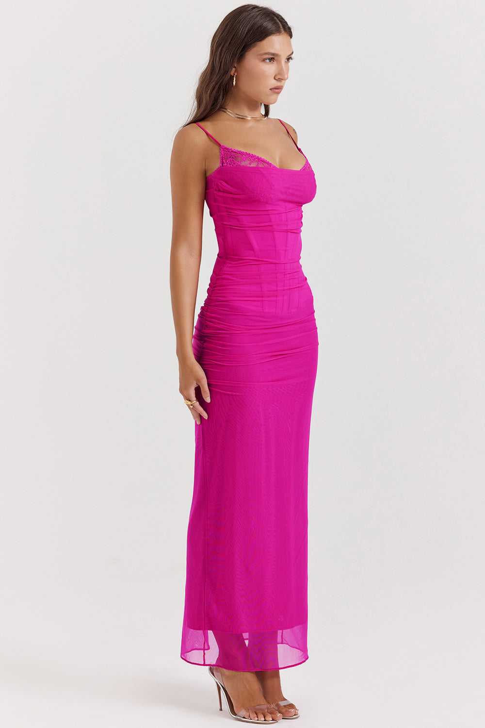 Mesh Stitching Lace Mid-length Dress-Pink