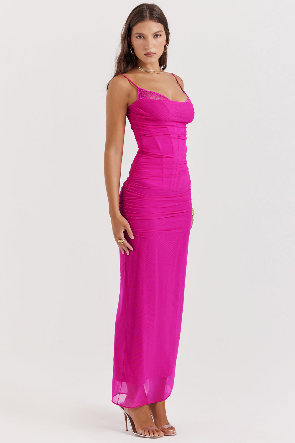 Mesh Stitching Lace Mid-length Dress-Pink