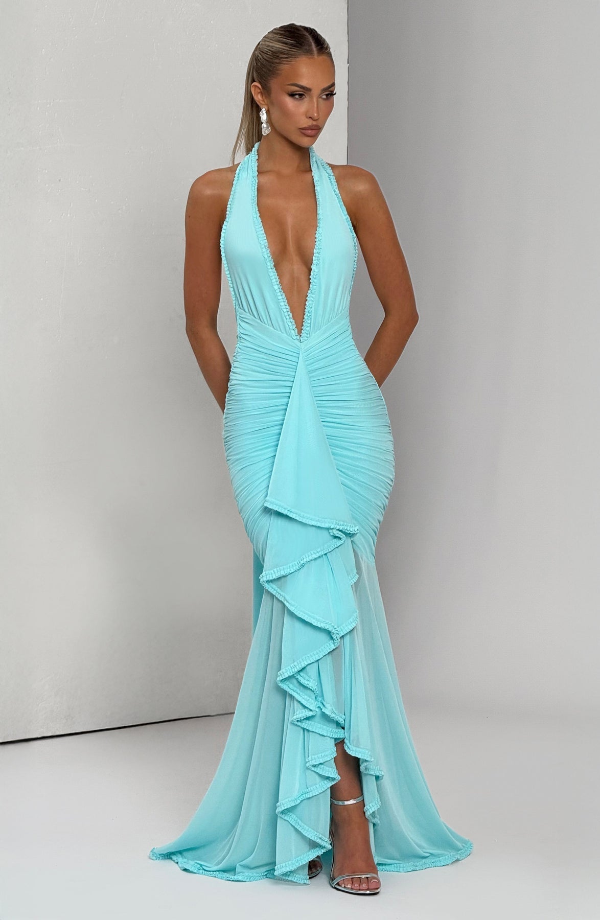 Calia Wine Lace Deep V Maxi Dress