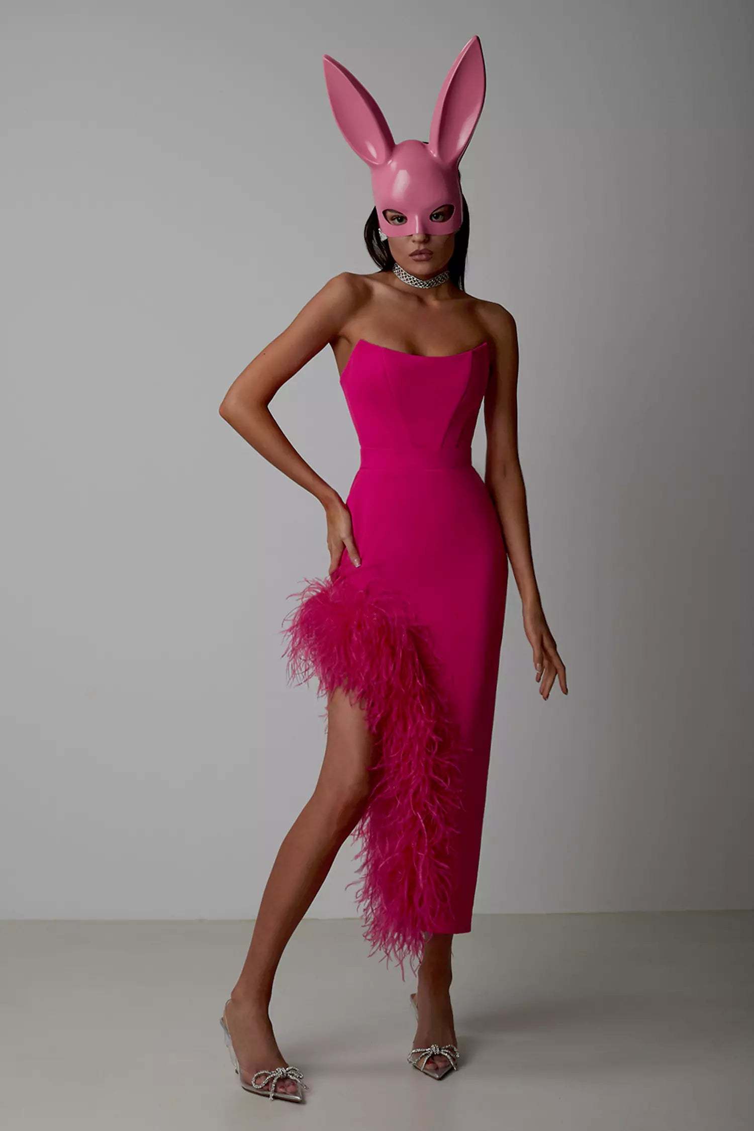 Strapless Feather Bandage Midi Dress