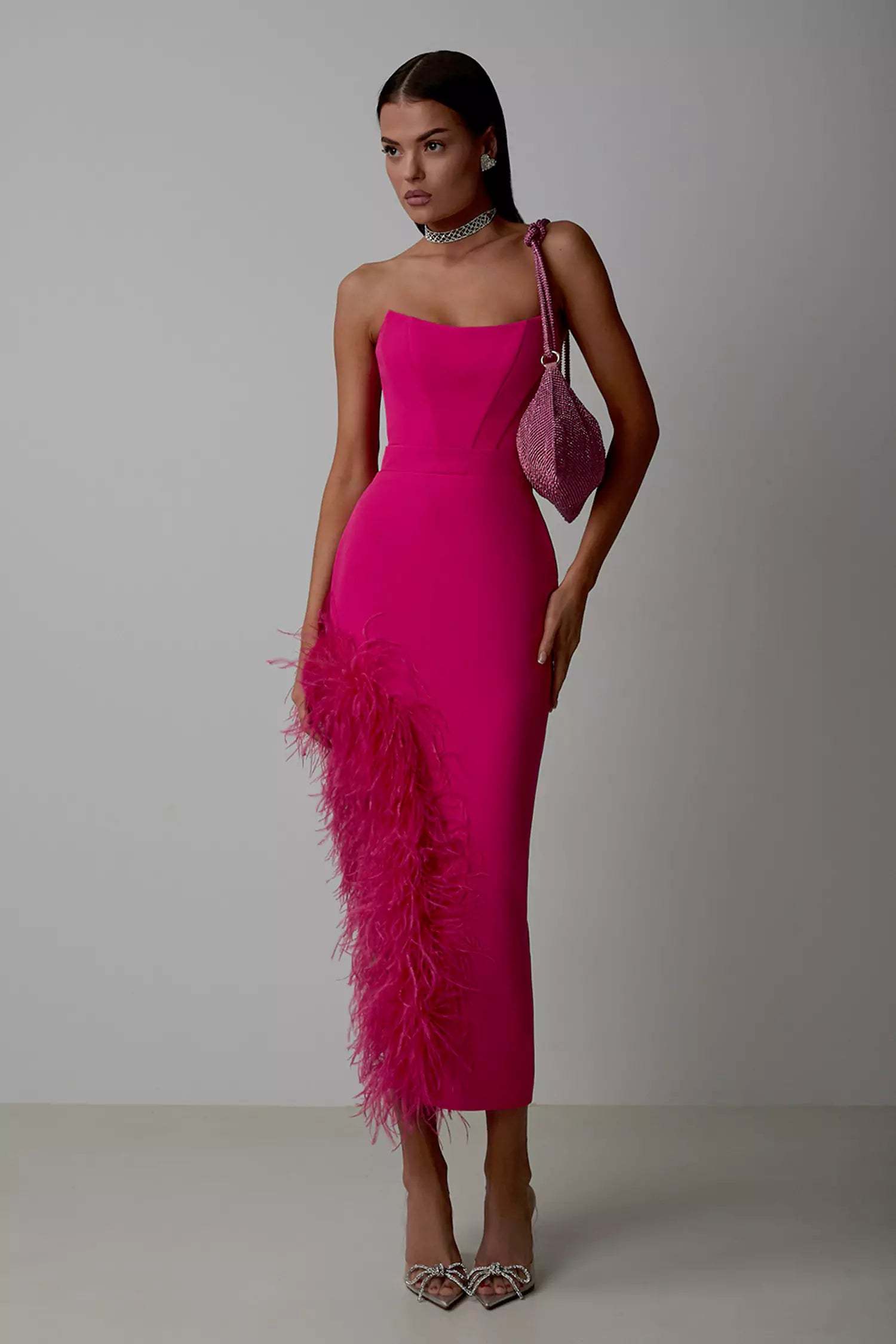 Strapless Feather Bandage Midi Dress