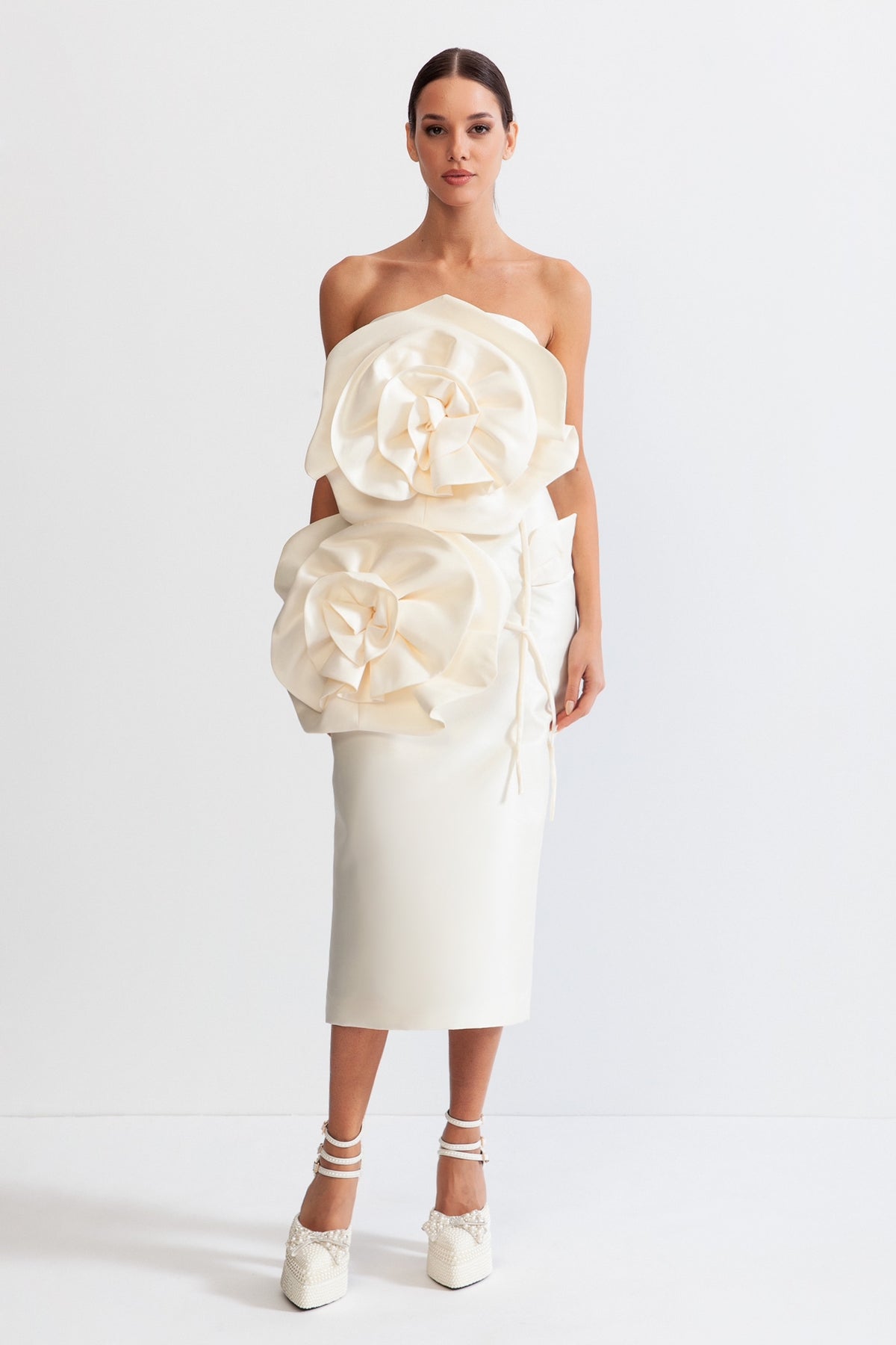 Lemiya Elegant Strapless Flower Midi Dress