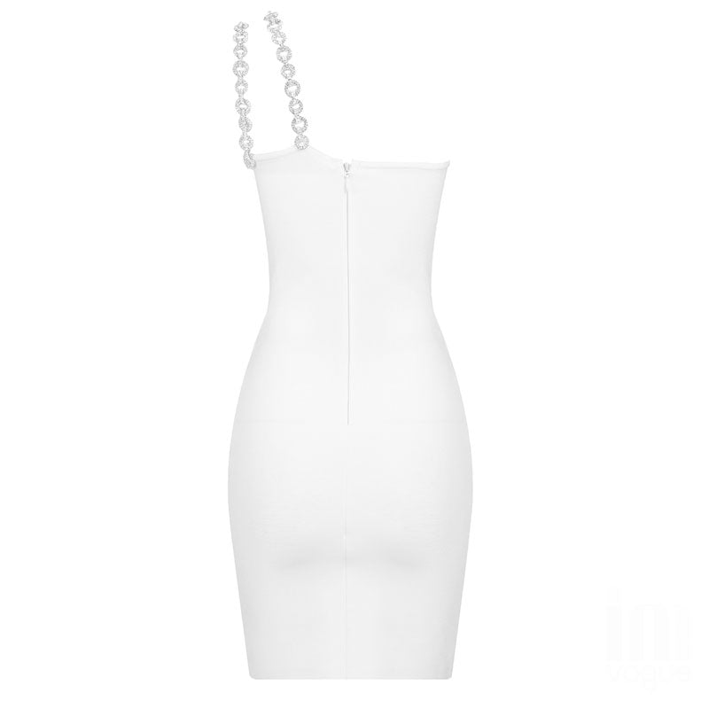 One-Shoulder Long Chain Mini Dress-White