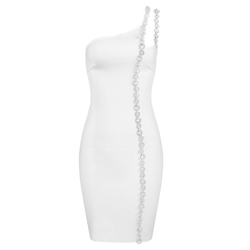 One-Shoulder Long Chain Mini Dress-White