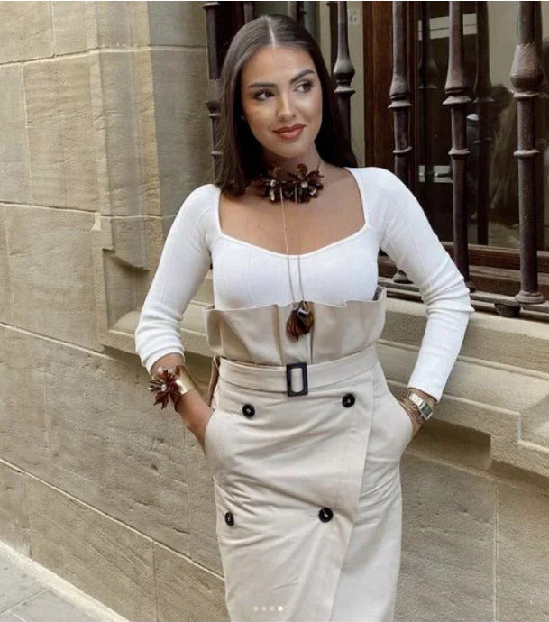Elegant Button Belt Suit Skirt Sets