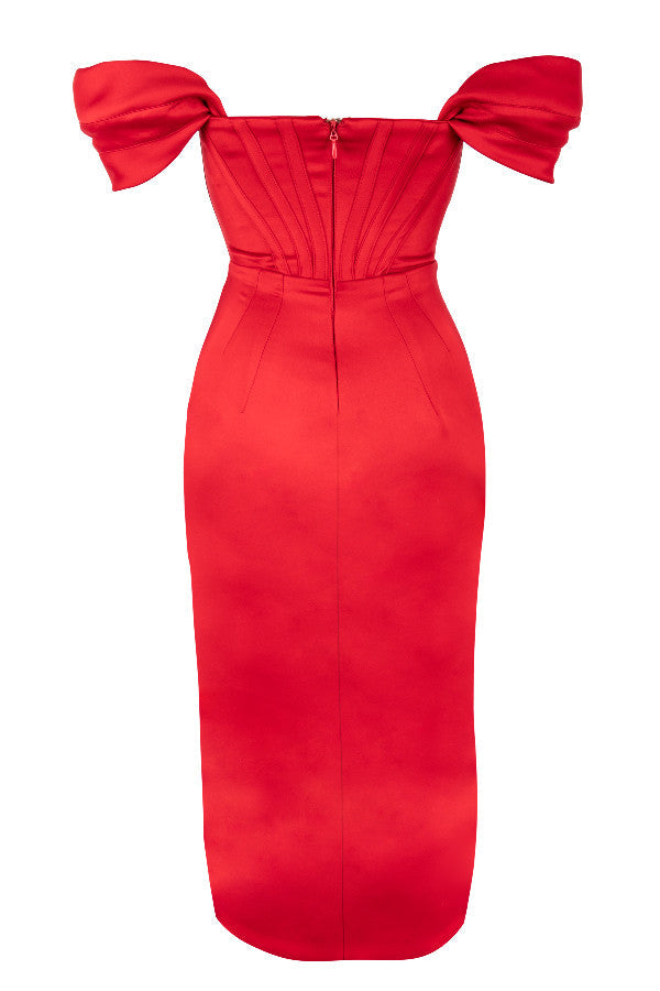 LEMIYA IVORY SATIN OFF SHOULDER DRESS-RED
