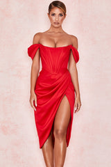 LEMIYA IVORY SATIN OFF SHOULDER DRESS-RED
