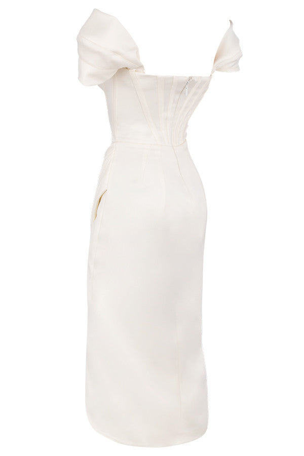 LEMIYA IVORY SATIN OFF SHOULDER DRESS-WHITE