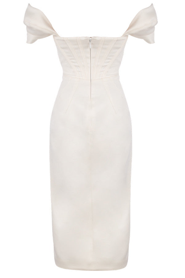 LEMIYA IVORY SATIN OFF SHOULDER DRESS-WHITE