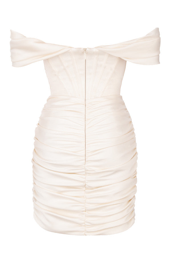 EVVA OFF SHOULDER SATIN MINI DRESS