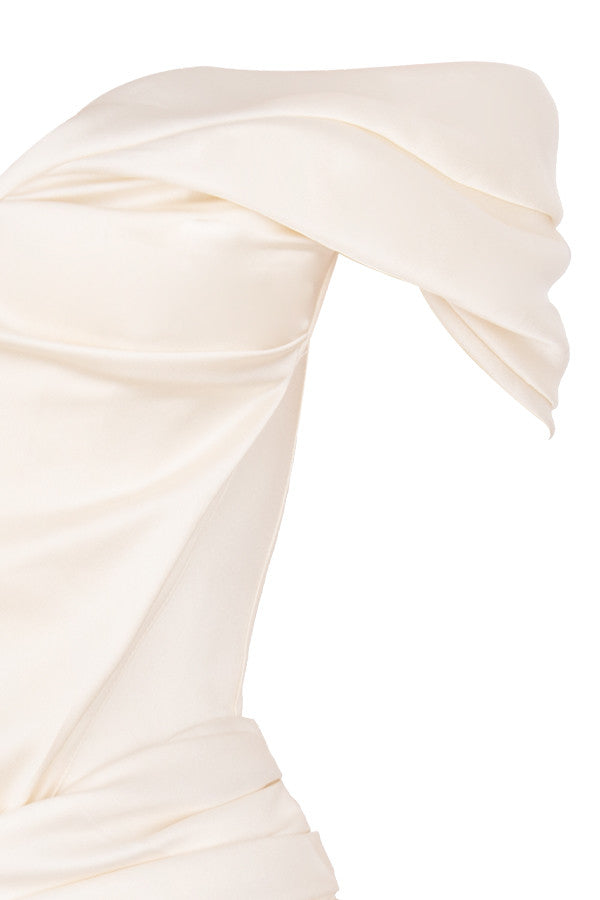 EVVA OFF SHOULDER SATIN MINI DRESS