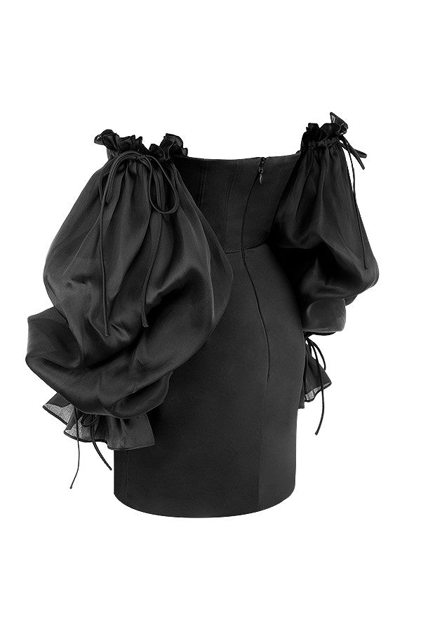 OFF-SHOULDER SATIN CORSET DRESS