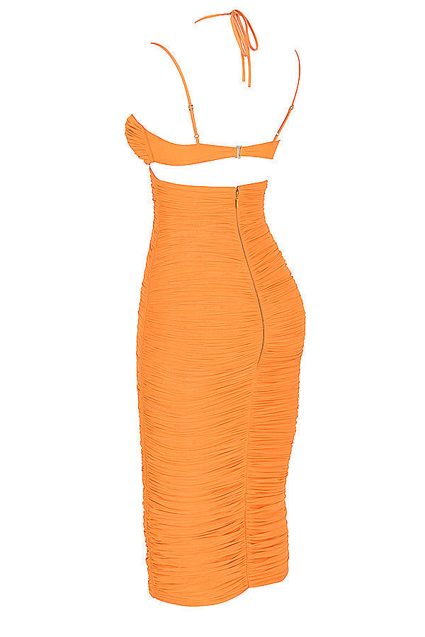 TIBU TANGERINE CUTOUT RUCHED MIDI DRESS