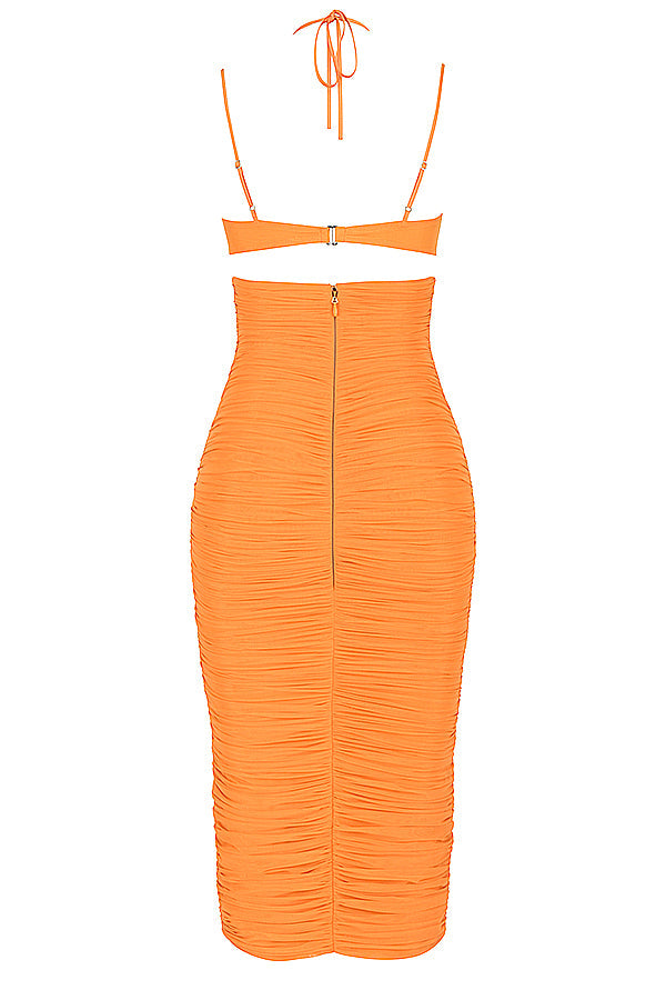 TIBU TANGERINE CUTOUT RUCHED MIDI DRESS