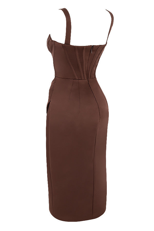 ALYIA IVORY SATIN CORSET MIDI DRESS-BROWN