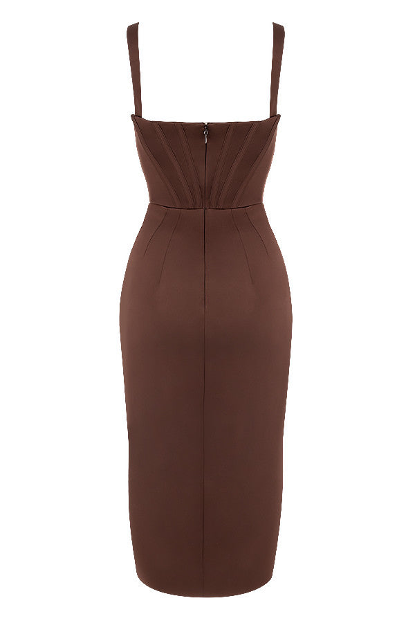 ALYIA IVORY SATIN CORSET MIDI DRESS-BROWN