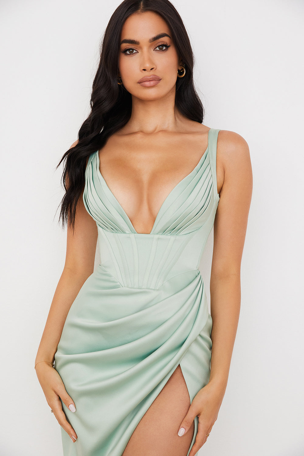 ALYIA IVORY SATIN CORSET MIDI DRESS=SKY BLUE