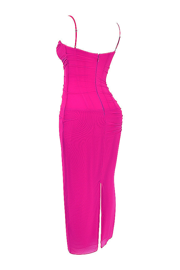 Mesh Stitching Lace Mid-length Dress-Pink