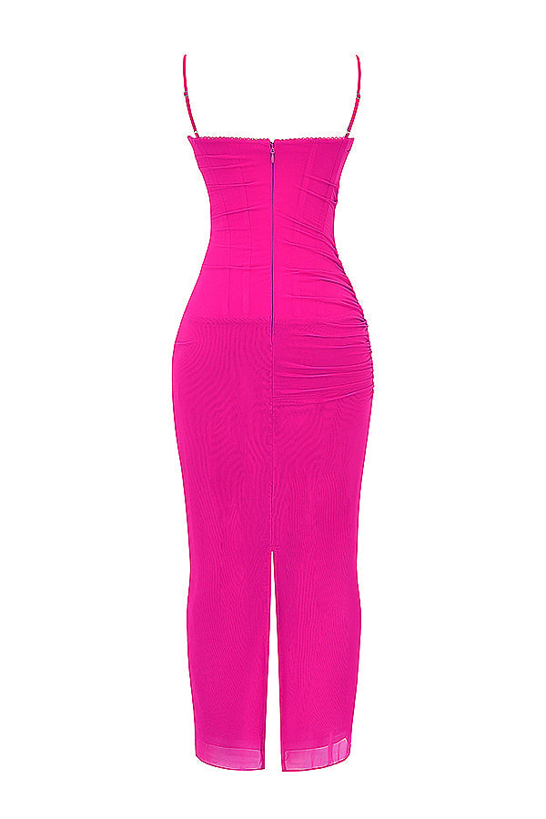 Mesh Stitching Lace Mid-length Dress-Pink
