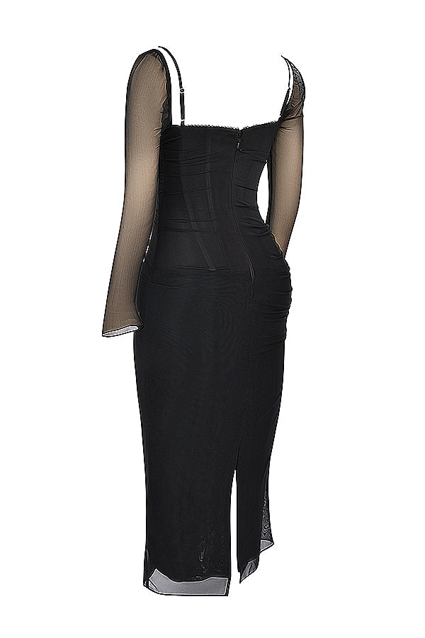 Mesh Stitching Lace Mid-length Dress-Pink