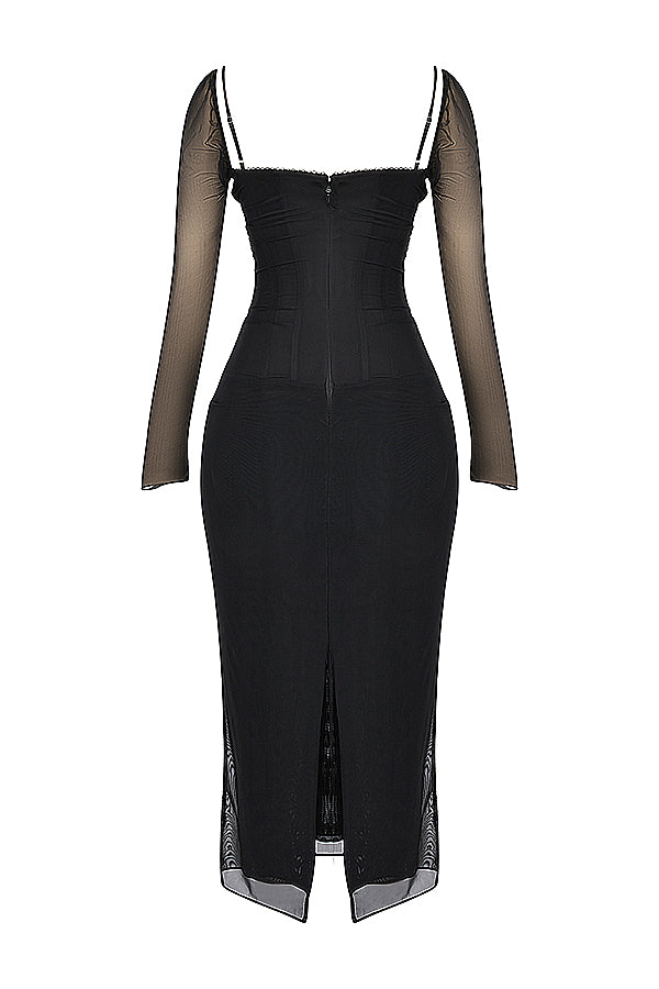 Mesh Stitching Lace Mid-length Dress-Pink