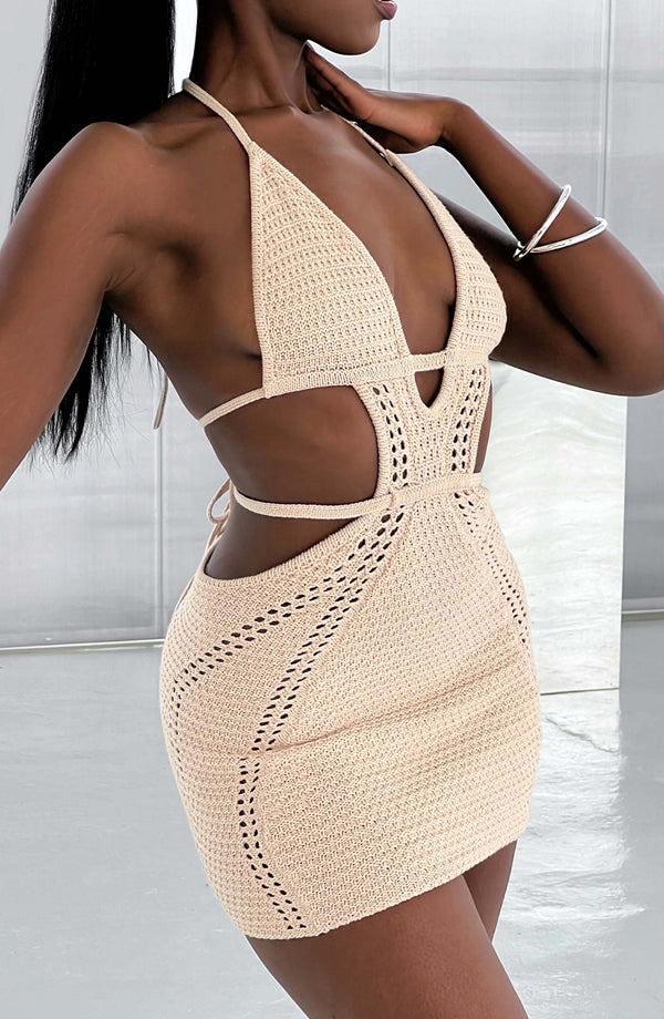 Knitted Backless Hanging Neck Straps Dress