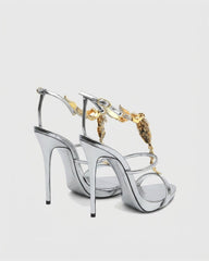 Pia Rhinestone Scorpion Strap Sandals In Silver