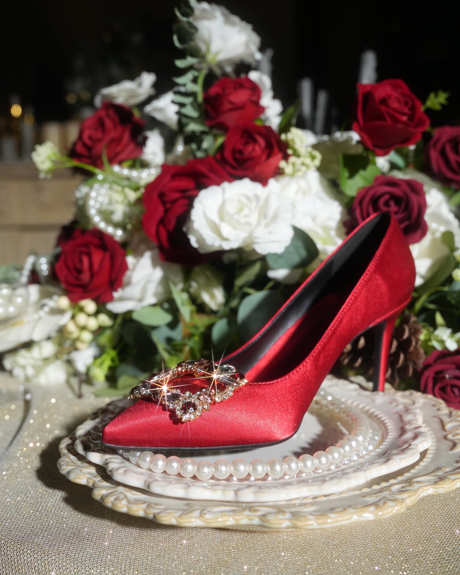 Vaike Rhinestone Buckle Satin Pumps In Red