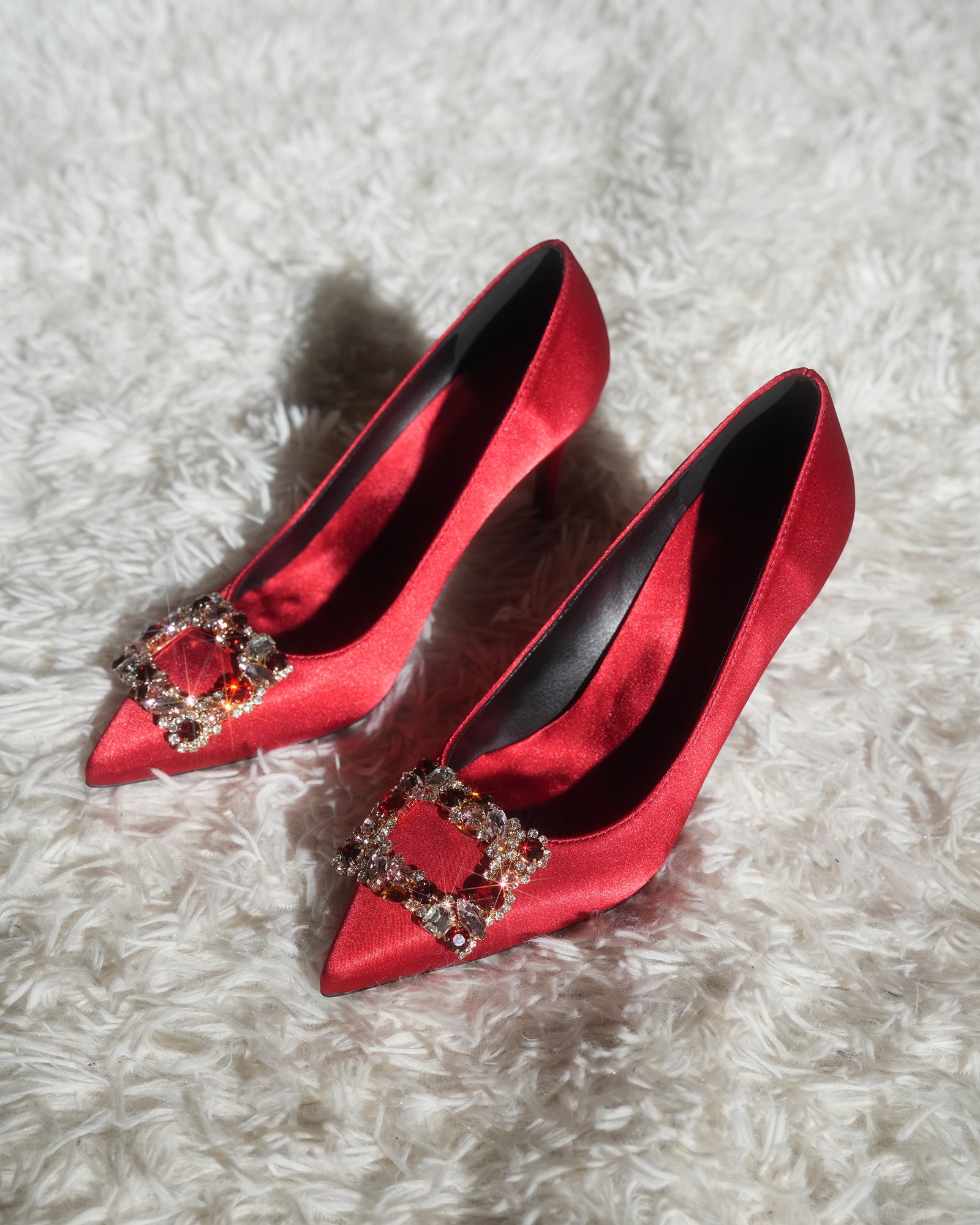 Vaike Rhinestone Buckle Satin Pumps In Red
