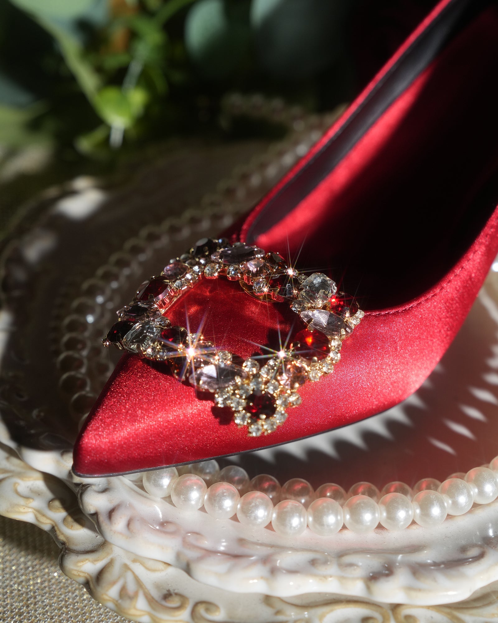 Vaike Rhinestone Buckle Satin Pumps In Red