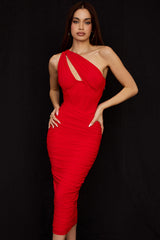 Lemily Cutout One-Shoulder Midi Bandage Dress-Red