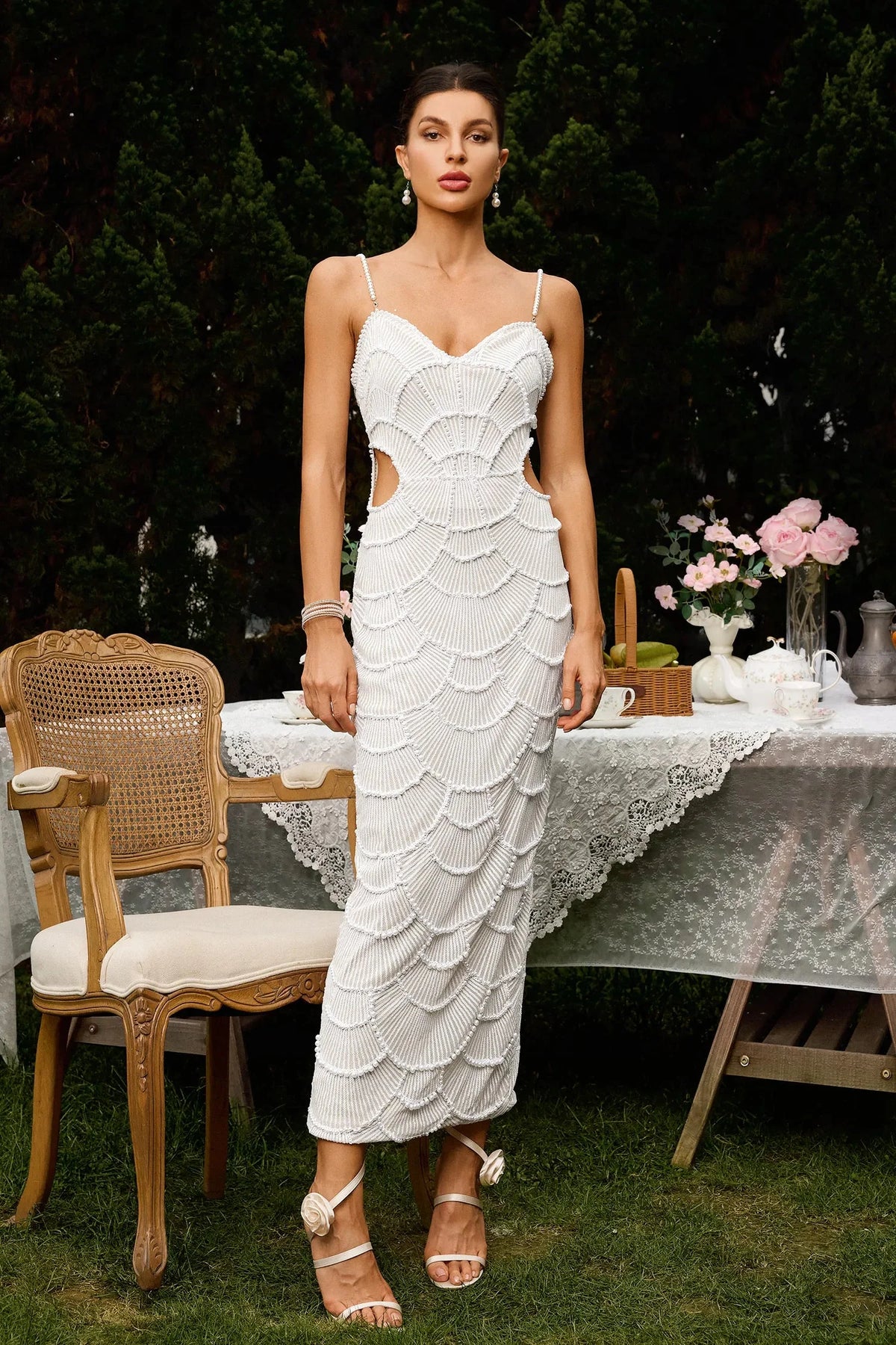 Hollow-out Camisole Beads Banquet Evening Dress