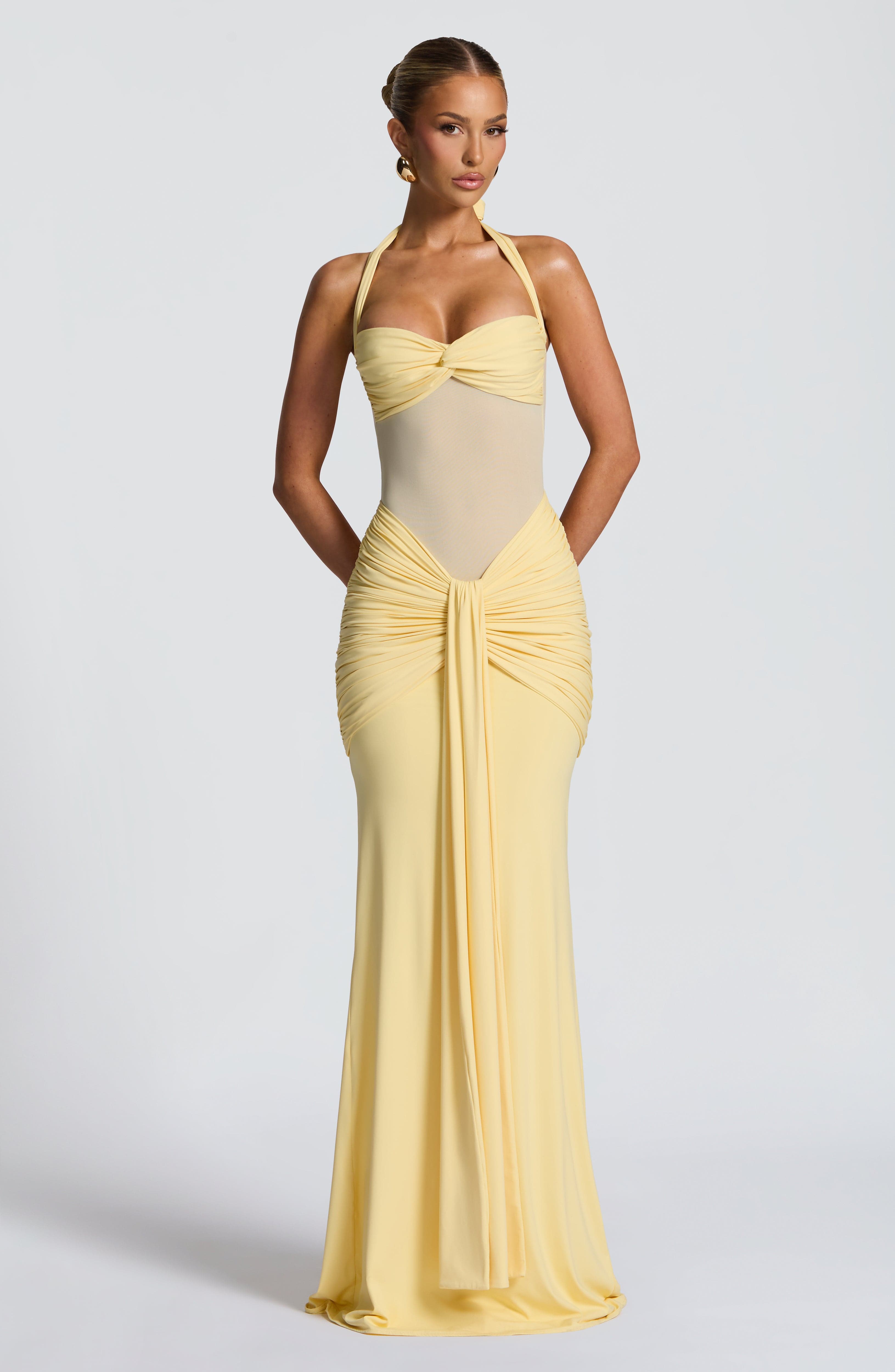 Halter Neck Backless Ruched Maxi Dress